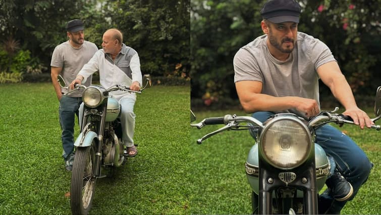 Salman khan photoshoot with Dad salim khan 1st bike 1956  Triumph Tiger 100 see photos सलमान खान ने Triumph Tiger 100,1956 पर कराया फोटोशूट, पापा सलीम की पहली बाइक के लिए हुए इमोशनल